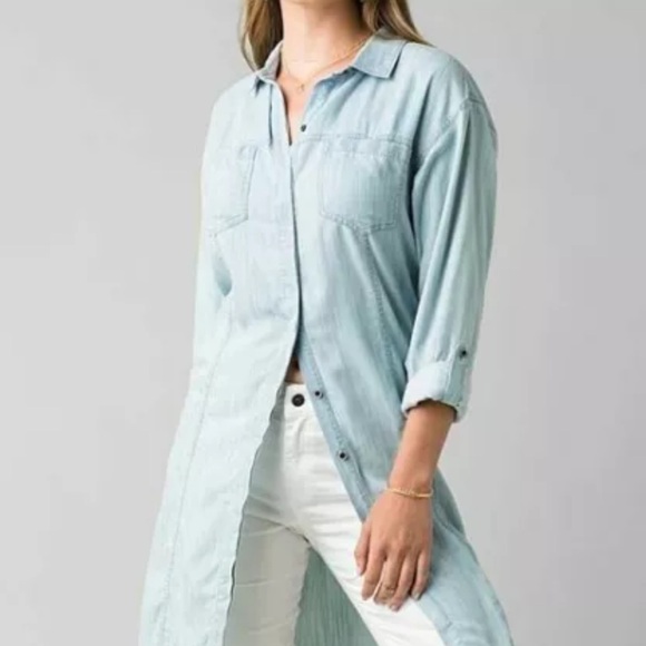 Prana Doryan Vintage Blue Chambray Shirt Dress Roll-Tab Sleeve Size Small $89 - Picture 1 of 13